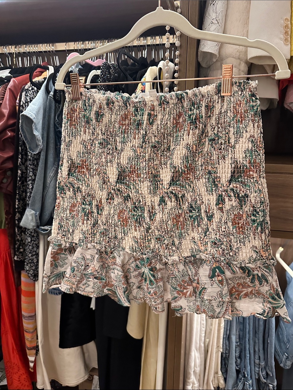 Veronica Beard Cream Floral Smocked Ruffle Mini Skirt